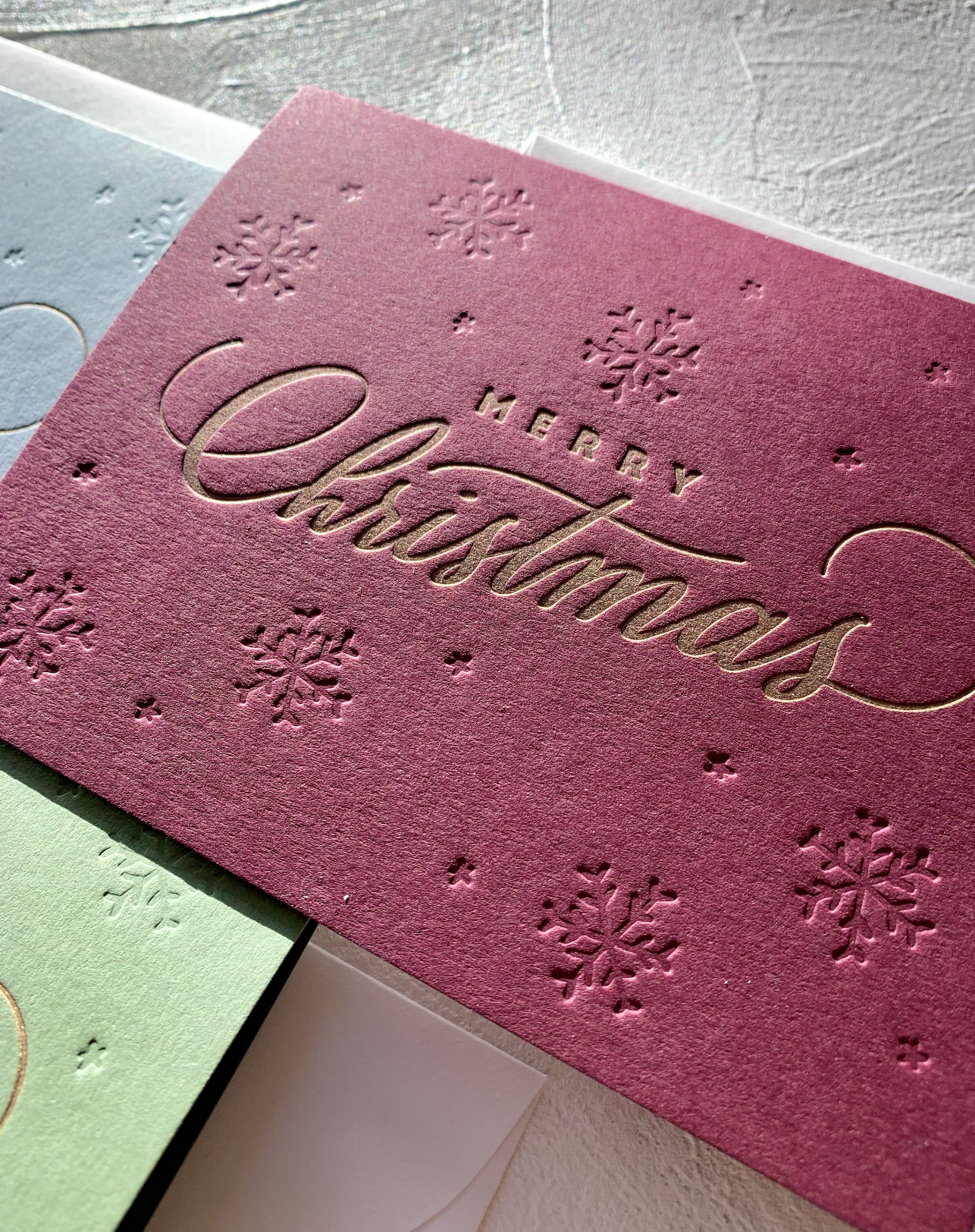 Classic Script Merry Christmas Letterpress Card with Snowflakes
