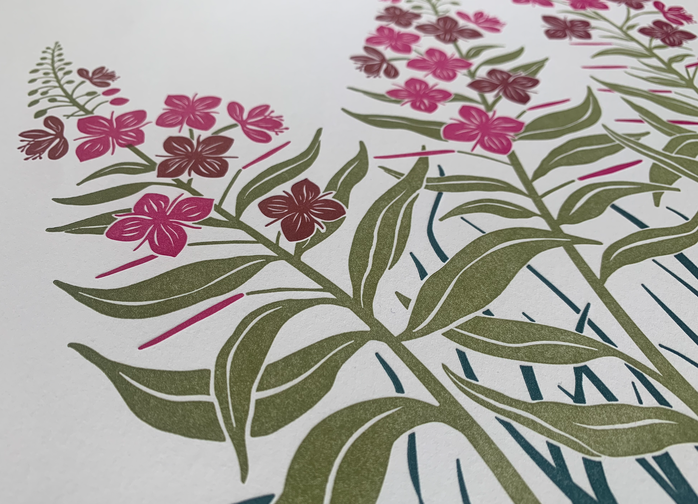Close up of a letterpress art print featuring magenta fireweed flowers with green leaves and grass