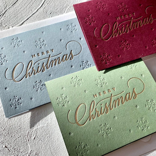Classic Script Merry Christmas Letterpress Card with Snowflakes